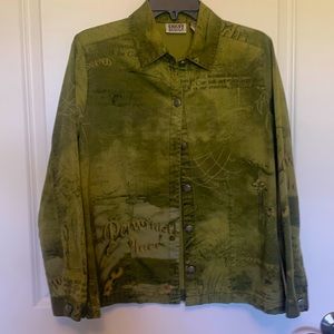 Chico’s Vintage Shirt/Jacket (Shacket). Green/ Gold combination. Chicos Size 1.